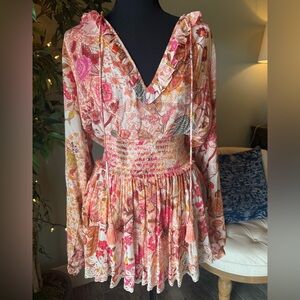 Hemant & Nandita Amal Peach orange Metallic Floral mini Dress smocked coquette